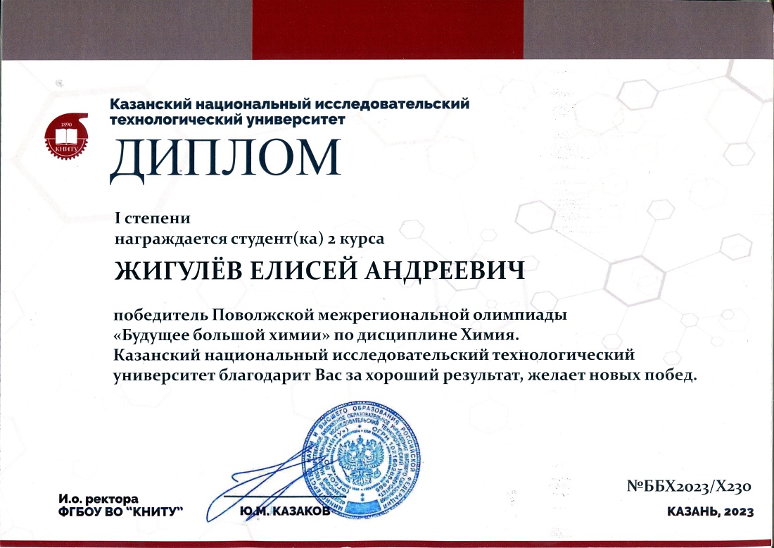 Победитель  Поволжской межрегиональной олимпиады «Будущее большой химии»